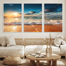 Golden Sunset Beach Triptych Canvas Art, Giclee Coastal Wall