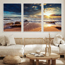 Golden Hour Beach Sunset Canvas Triptych, Ocean Waves and