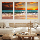 Golden Sunset Beach Canvas Wall Art – Triptych Seascape