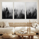 Foggy Black and White Forest Canvas Wall Art, 3 Panel Misty