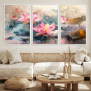 Lotus Flower Wall Art | 3-Panel Giclee Canvas Print of Pink
