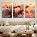 Highland Cows at Sunrise Wall Art Canvas Set – Serene and