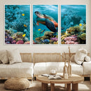 Sea Turtle and Coral Reef Triptych Wall Art – Vibrant