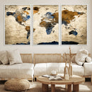 World Map Wall Art – Antique Style Blue and Brown Map Canvas