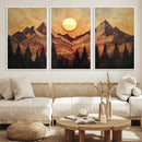 Wood Style Abstract Mountain Sunset Canvas Wall Art Print -