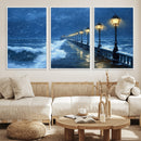 Stormy Ocean Pier Lights Canvas Wall Art Print - Large Moody