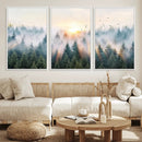 Misty Pine Forest Wall Art Canvas, Sunrise Over Foggy Trees