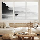 Surfer Beach Wall Art – Framed Black White Ocean Canvas