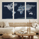 Blue Detailed World Map Wall Art Canvas Print, Modern Framed
