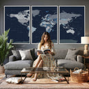 Blue Detailed World Map Wall Art Canvas Print, Modern Framed
