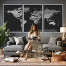 Black World Map Wall Art Canvas Print – Detailed Map of the