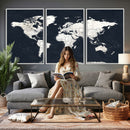Black World Map Wall Art Canvas Print for Home Office and