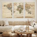 Vintage World Map Canvas Wall Art - Rustic Grunge Texture