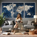 Large Blue World Map Wall Art Canvas Print for Home Office