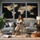 Beige World Map Canvas Wall Art Print, Minimal Black and