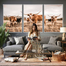 Texas Longhorn Cattle Wall Art Canvas Print, Sepia Western