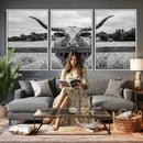 Black White Texas Longhorn Bull Canvas Wall Art, Western Ranch Cattle Photography Print, Rustic Farmhouse Cowboy Decor Artwork by MyGreatCanvas | Canvas Wall Art Prints | Photo Prints & Wall Decor