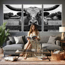 Black White Texas Longhorn Bull Canvas Wall Art, Western Ranch Cattle Photography Print, Rustic Farmhouse Cowboy Decor Artwork