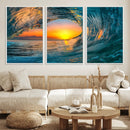 Ocean Wave Sunset Wall Art | Large Coastal Wave Canvas Print