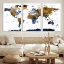 Modern Abstract World Map Canvas Wall Art – Framed Blue and
