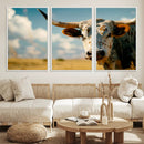 Longhorn in the Prairie - Stunning Ranch-Style Triptych Wall