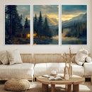 Mountain Cabin by the Lake at Sunset Wall Art - Serene