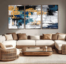 Blue and Gold Abstract Canvas Wall Art – Triptych Modern