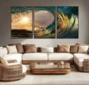 Golden Wave Sunset Canvas Print – Large Coastal Wall Art for
