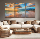 Sunset Ocean Waves on Tropical Beach, 3-Panel Giclee Canvas