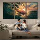 Ocean Wave Sunset Canvas Wall Art – Triptych Seascape Print