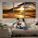 Golden Tropical Beach Sunset Canvas Triptych, Coastal Palm