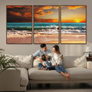 Golden Sunset Beach Canvas Wall Art – Triptych Seascape