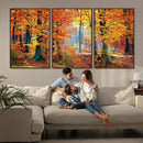 Autumn Red Forest Triptych Canvas Wall Art Print, Forest