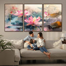 Lotus Flower Wall Art | 3-Panel Giclee Canvas Print of Pink