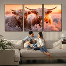 Highland Cows at Sunrise Wall Art Canvas Set – Serene and