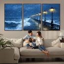 Stormy Ocean Pier Lights Canvas Wall Art Print - Large Moody