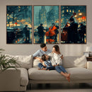 Urban Night Jazz Wall Art Canvas Print – Moody Rain-Soaked