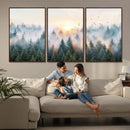 Misty Pine Forest Wall Art Canvas, Sunrise Over Foggy Trees