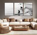 Surfers on Waves Wall Art Canvas Print – Framed Black and