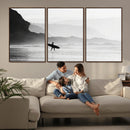Surfer Beach Wall Art – Framed Black White Ocean Canvas