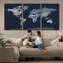 Blue Detailed World Map Wall Art Canvas Print, Modern Framed