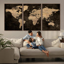 Brown World Map Canvas Print – Modern Travel Map Wall Art,