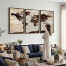 World Map Canvas Triptych – Colorful Global Wall Art for