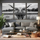 Black White Texas Longhorn Bull Canvas Wall Art, Western Ranch Cattle Photography Print, Rustic Farmhouse Cowboy Decor Artwork by MyGreatCanvas | Canvas Wall Art Prints | Photo Prints & Wall Decor