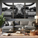 Black White Texas Longhorn Bull Canvas Wall Art, Western Ranch Cattle Photography Print, Rustic Farmhouse Cowboy Decor Artwork by MyGreatCanvas | Canvas Wall Art Prints | Photo Prints & Wall Decor