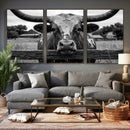 Black White Texas Longhorn Bull Canvas Wall Art, Western Ranch Cattle Photography Print, Rustic Farmhouse Cowboy Decor Artwork