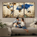 World Map Canvas Print – Vintage Blue and Gold World Map