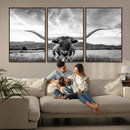 Longhorn Black and White Wall Art – Rustic Western Bull
