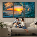 Ocean Wave Sunset Wall Art | Large Coastal Wave Canvas Print