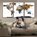 Modern Abstract World Map Canvas Wall Art – Framed Blue and